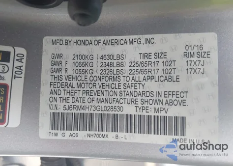 2016 Honda Cr-V Ex-L from USA, damaged, VIN 5J6RM4H73GL028530